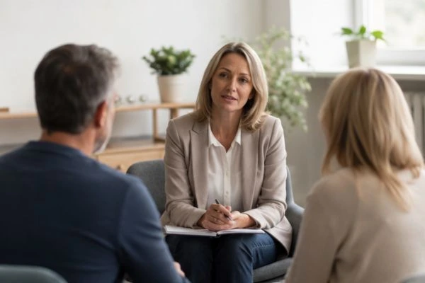 Couple discussing financial arrangement , pensions in divorce Essex